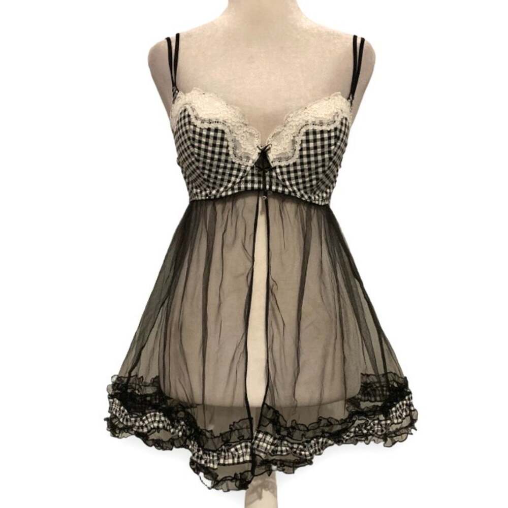 Y2K Victoria’s Secret Gingham Sheer Mesh Babydoll Nightgown 36C M